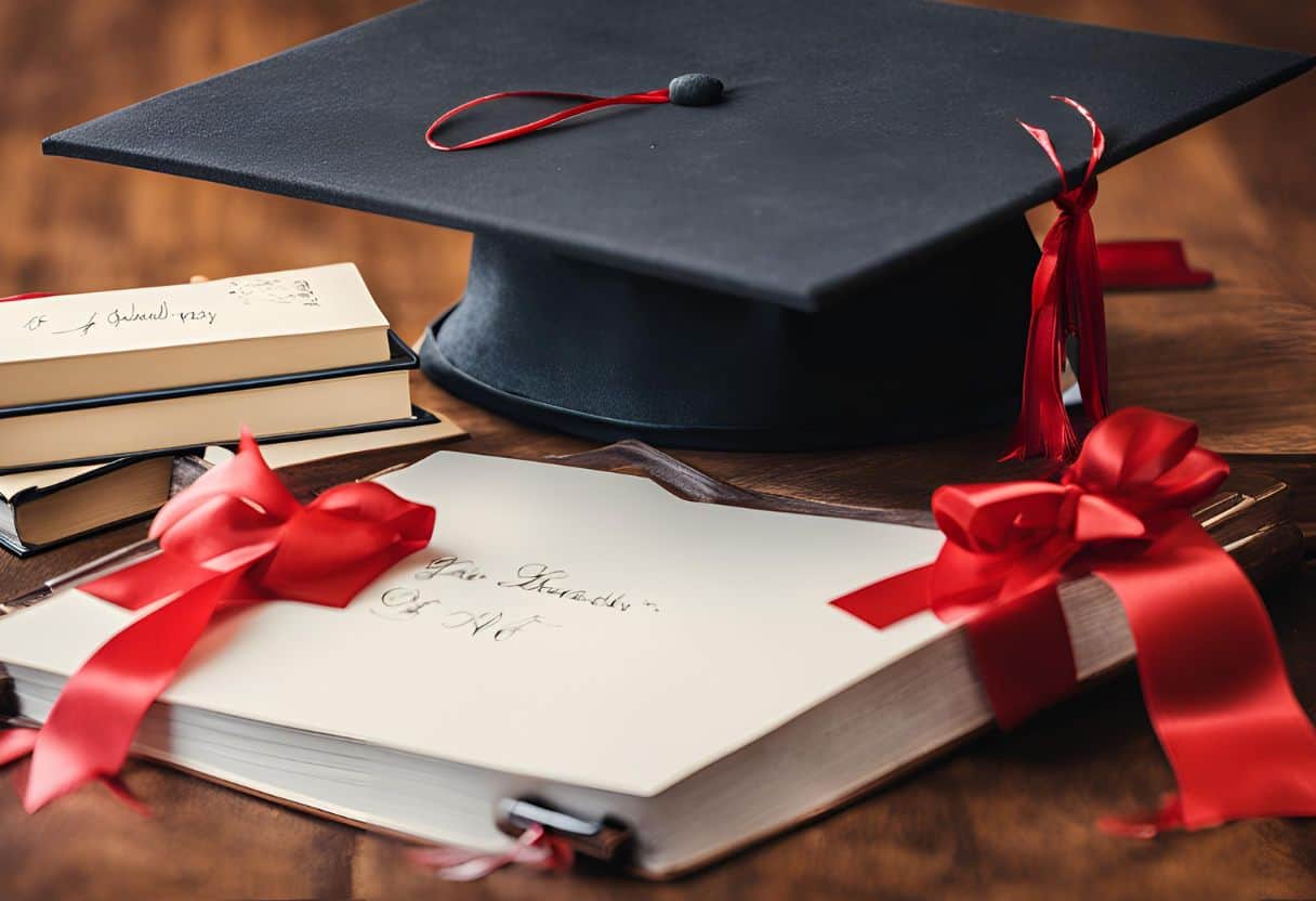 A table with a graduation cap and diploma