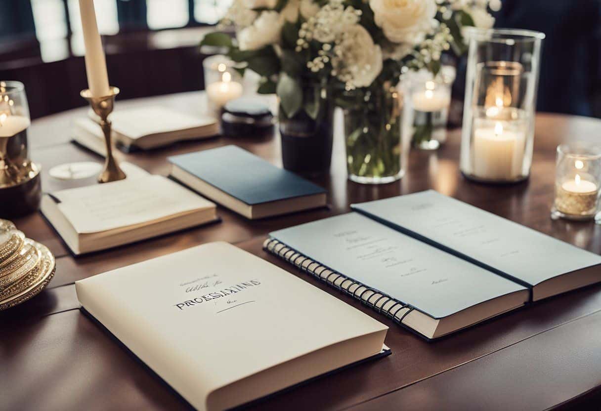 A table adorned with various styles of guest books, from modern to vintage, surrounded by graduation-themed decor and inspirational quotes
