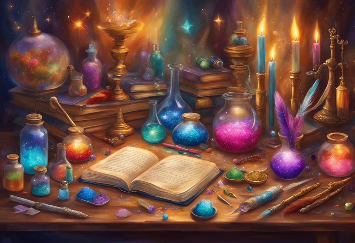 A table covered in colorful craft supplies, including glitter, feathers, and beads. A wand taking shape with glue and paint, surrounded by Harry Potter spell books and potion bottles