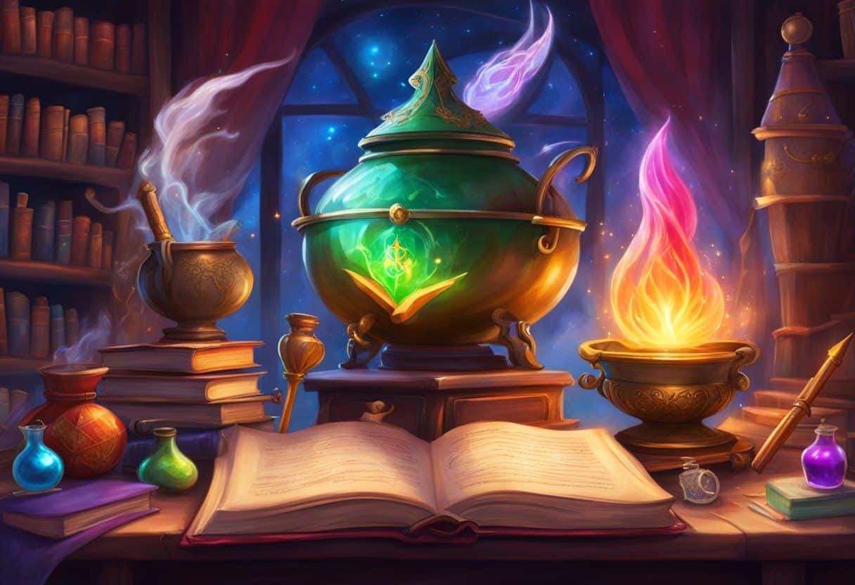 A cluttered desk with a stack of spellbooks, a wand, and a cauldron filled with colorful potion ingredients. A Hogwarts crest hangs on the wall