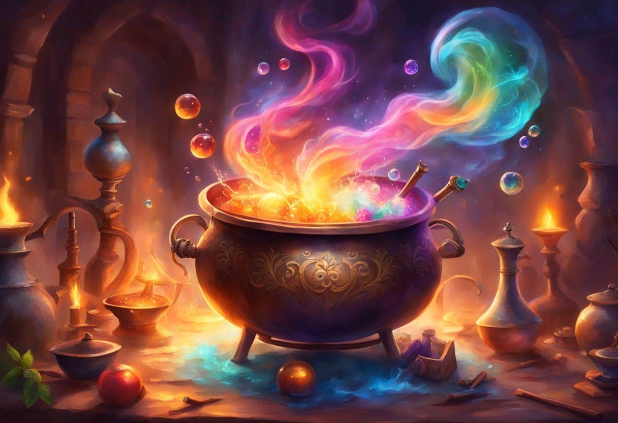 A cauldron bubbles with colorful potions, while magical ingredients and spell books scatter the table. Smoke and sparks fill the air as wands and stirring sticks move on their own