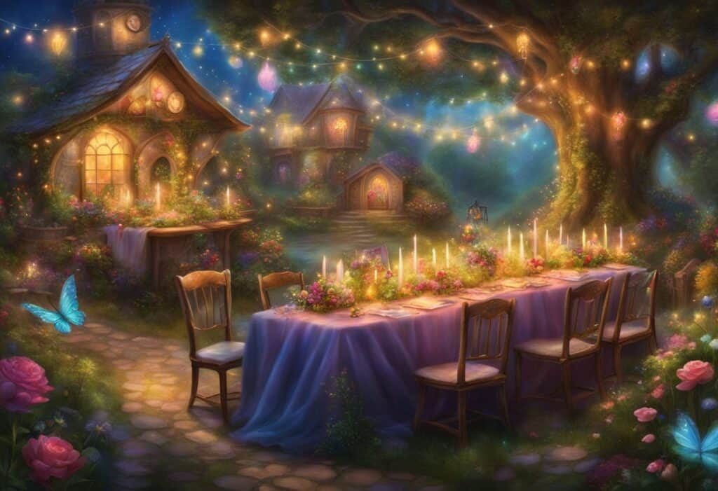 A wonderful party with twinkling lights, colorful flowers, and enchanting music filling the air. 