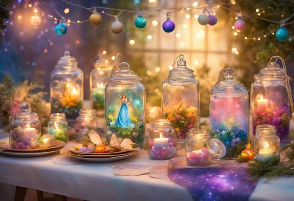 Colorful fairy garden themed goodie bags and party favors arranged on a table with twinkling lights and whimsical decorations