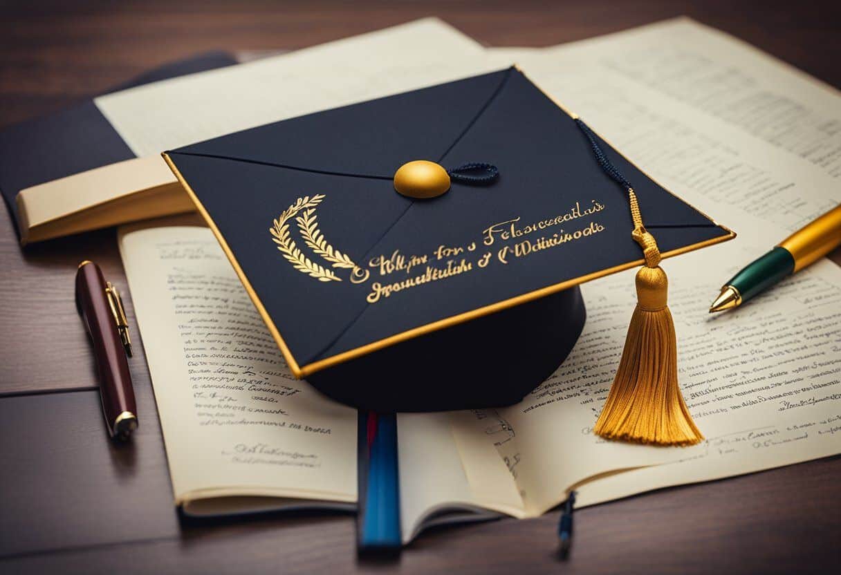 A graduation cap and diploma resting on a table, surrounded by a beautifully decorated guest book with colorful pens and well-wishes written inside