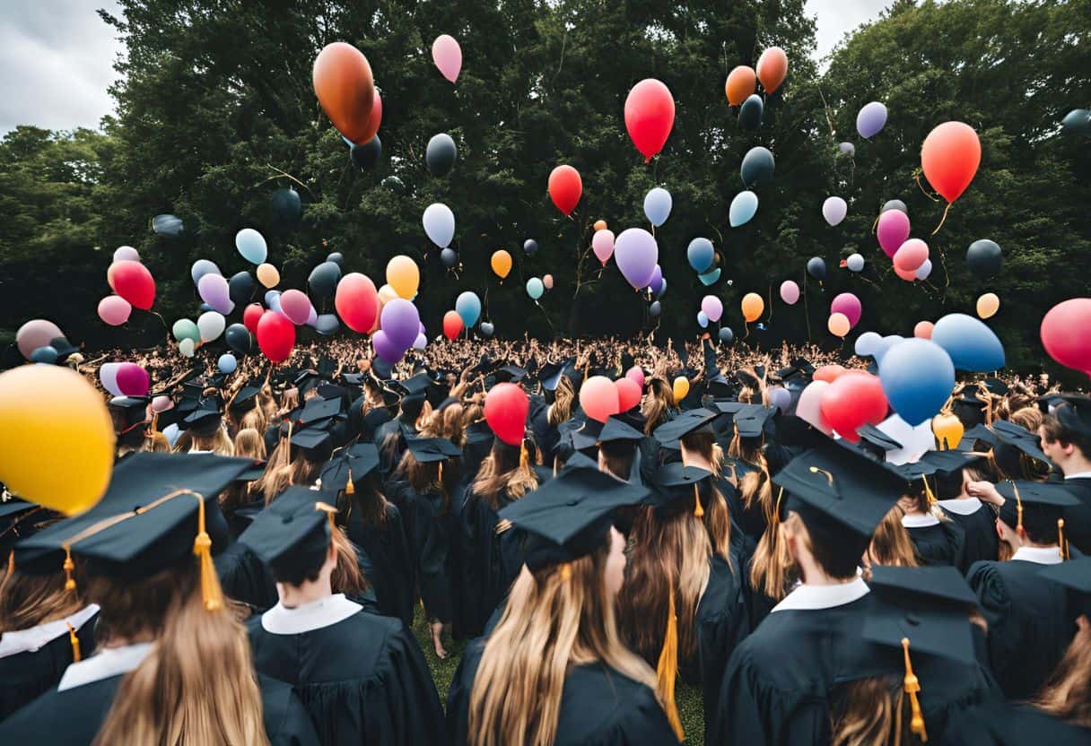 A festive graduation ceremony surrounded by proud family and friends, adorned with balloons and confetti