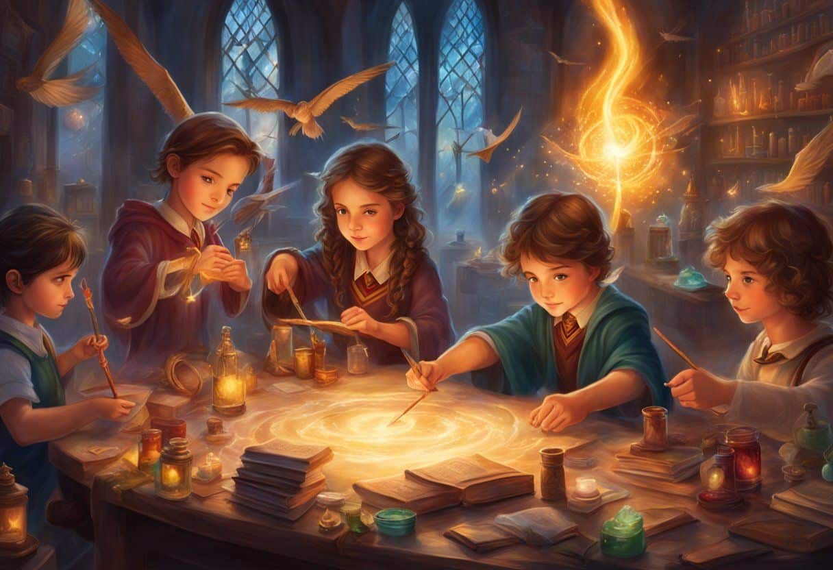 Children creating Harry Potter themed crafts at a table with wands, potions, and spell books