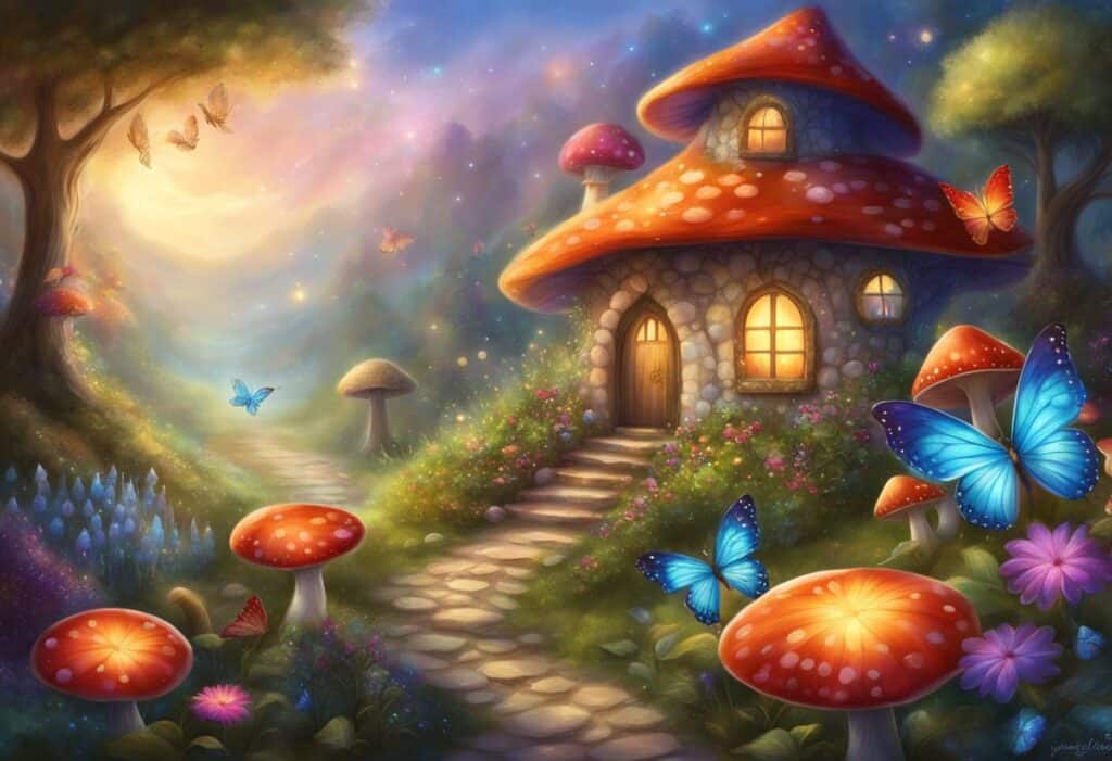 A colorful garden with twinkling lights, mushroom houses, and fluttering butterflies. Fairy wings and sparkly decorations add a magical touch