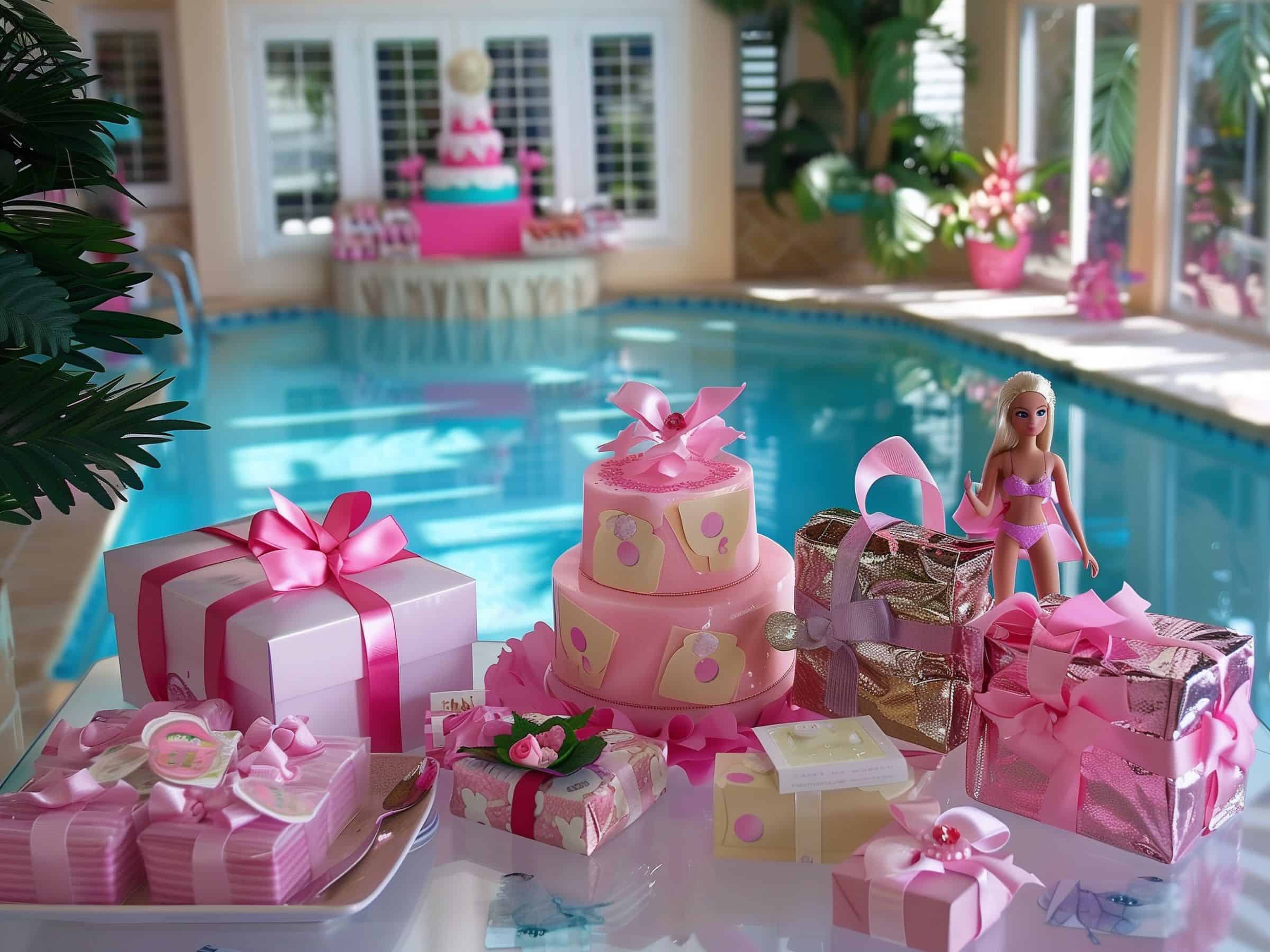 Barbie pool party decorations and gift table